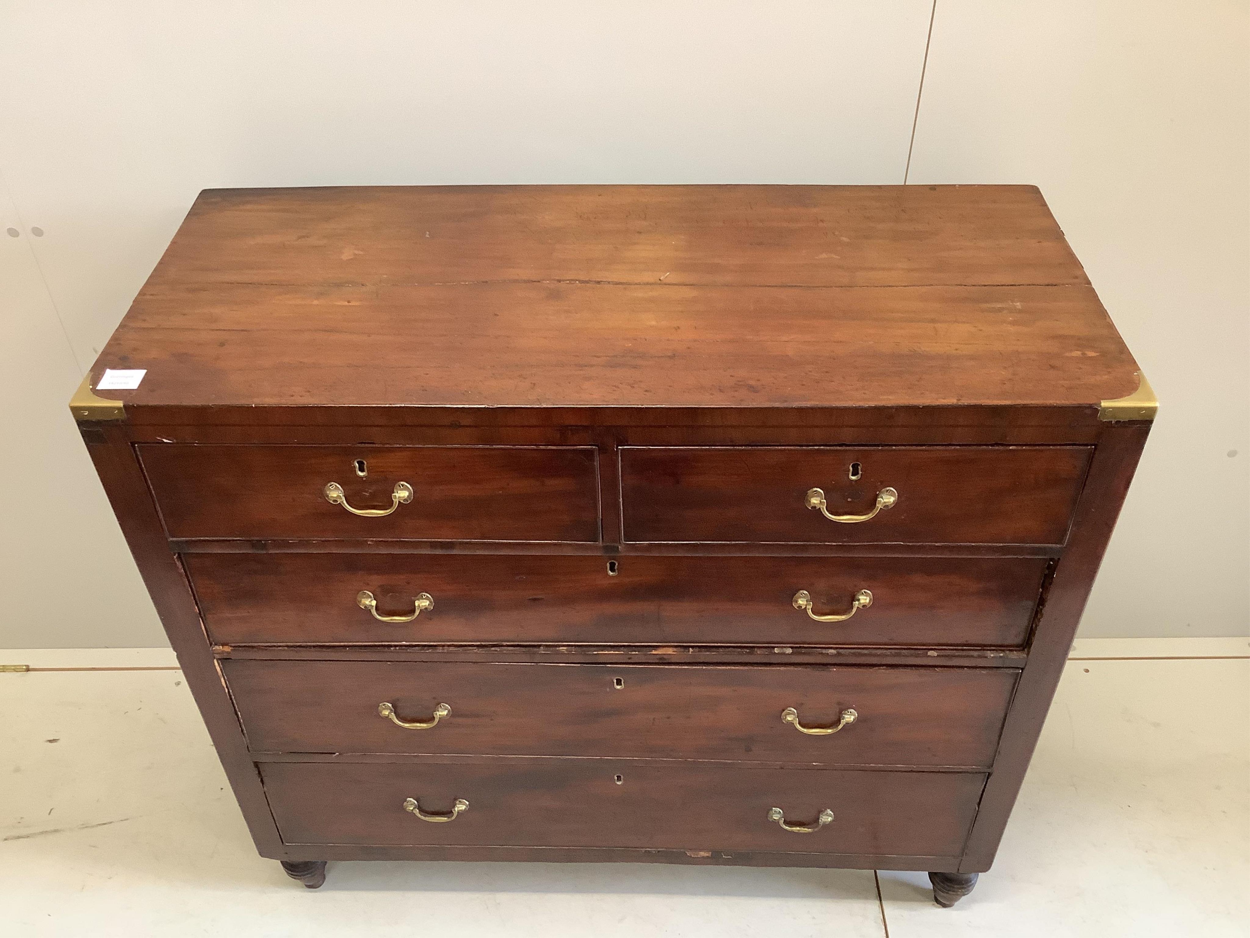 An early19th century brass bound mahogany chest, width 106cm, depth 45cm, height 99cm. Condition - fair